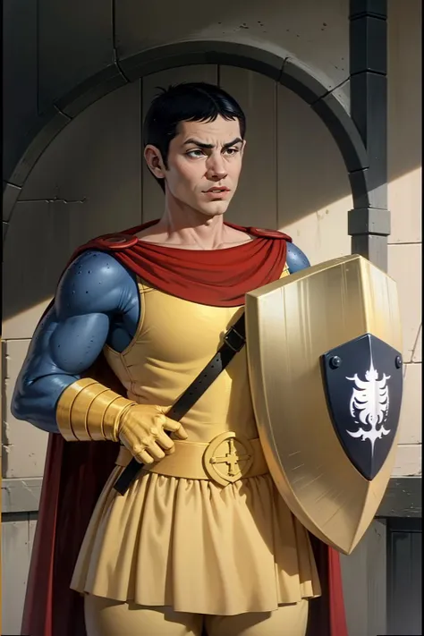 eric <lora:eric_dnd_V1:1>, yellow armor, plate armor, red cape, yellow gauntlets, blue padding, orange shield, parody, holding shield