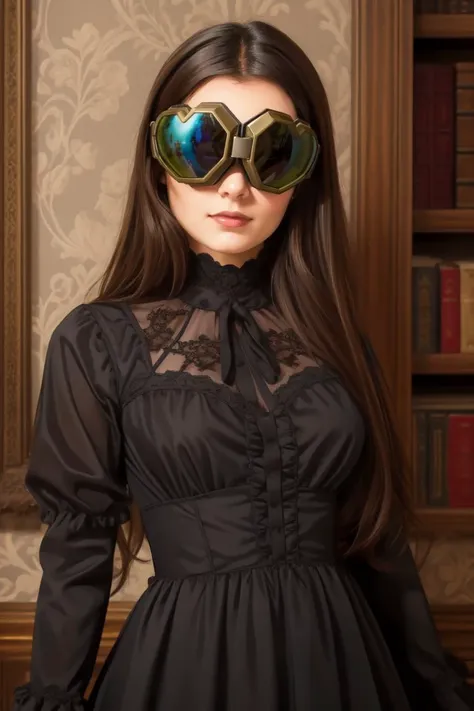 portrait, standing,, woman, wearing a gothic type dress and goggles over eyes, <lora:heart_goggles-000009:0.75>,
