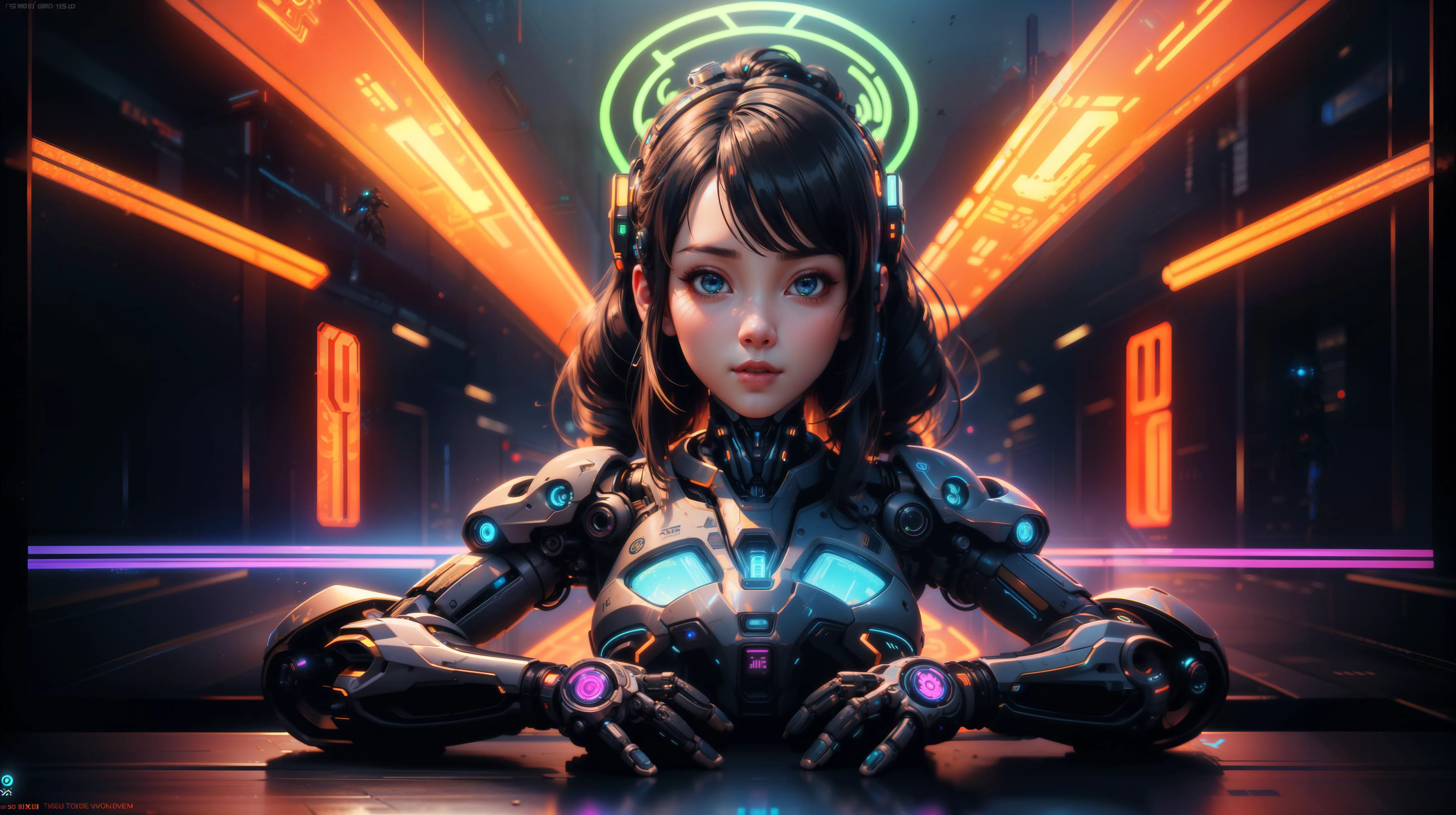 masterpiece, best quality, extremely detailed 8K, high resolution, ultra quality, pixar style, cyborg girl cyberpunk, full body, midnight, neon lights, god rays, <lora:add_detail:0.1> ,<lora:colorv1.7:0.2> color ,<lora:KhalaiAI:0.2> KhalaiAI ,<lora:wowifierV3:0.8> by mooncryptowow, halo, digital screen
