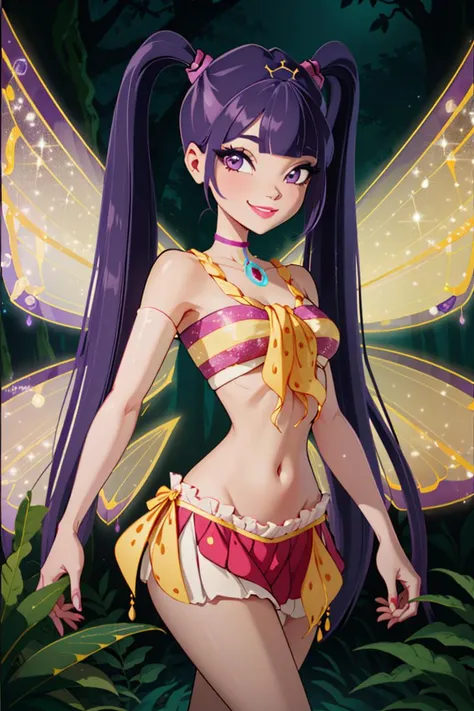 centered, award winning photo, (looking at viewer:1.2),
|   Musa,  smile, fairy wings, purple hair, twintails, purple eyes, bangs, midriff,
|  glowing golden light, purple sparkles, forest,
| dynamic pose, depth of field, cinematic composition,
| <lora:WinxClubEnchantixMusa-10:0.7>
<lora:beautiful detailed eyes:0.3>, beautiful detailed eyes,