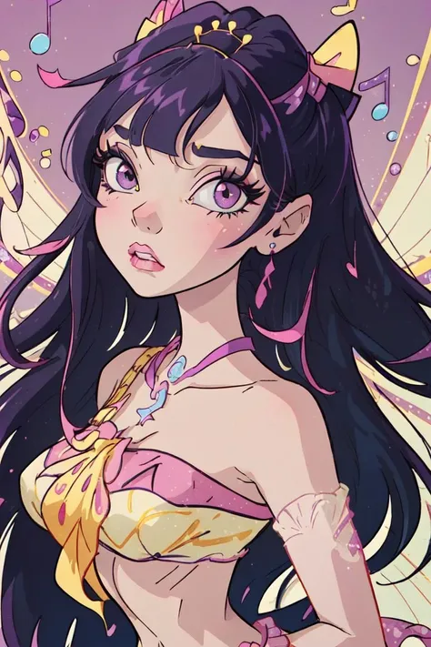 (Musa:1.5), (large fairy wings), purple hair, twintails, (pink and yellow two piece outfit), purple eyes, bangs, (purple and yellow background, music notes floating), (realistic:1.2), (masterpiece:1.2), (full-body-shot:1),(Cowboy-shot:1.2), neon lighting, dark romantic lighting, (highly detailed:1.2),(detailed face:1.2), (gradients), colorful, detailed eyes, (natural lighting:1.2), solo <lora:WinxClubEnchantixMusa-10:0.9> <lora:add_detail:0.3> <lora:BeautifulEyes:0.6>