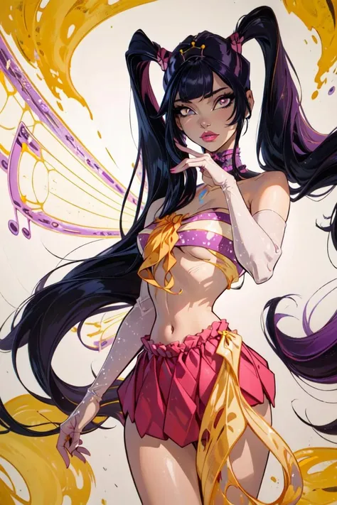 (Musa:1.5), (large fairy wings), purple hair, twintails, (pink and yellow two piece outfit), purple eyes, bangs, (purple and yellow background, music notes floating), (realistic:1.2), (masterpiece:1.2), (full-body-shot:1),(Cowboy-shot:1.2), neon lighting, dark romantic lighting, (highly detailed:1.2),(detailed face:1.2), (gradients), colorful, detailed eyes, (natural lighting:1.2), solo <lora:WinxClubEnchantixMusa-10:0.9> <lora:add_detail:0.3> <lora:BeautifulEyes:0.6>