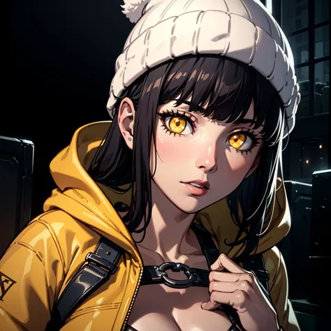 (masterpiece, best quality:1.2), (detailed skin, skin texture), best quality, highres, cinematic, cinematic lighting, sharp focus, highly detailed, horror \(theme\), 
1girl, breasts, blunt bangs,black hair,very long hair, yellow eyes, (glowing eyes:1.17), chest harness, hoodie, beanie, louis vuitton \(brand\),