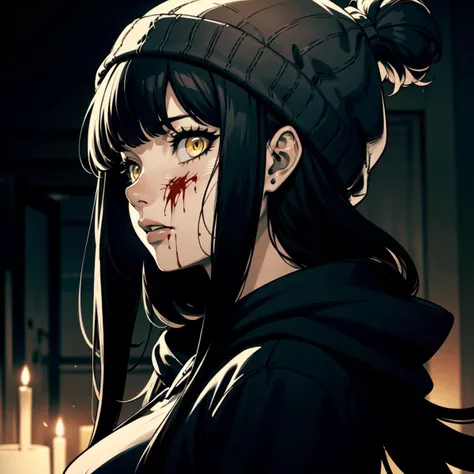 (masterpiece, best quality:1.2), (detailed skin, skin texture), best quality, highres, cinematic, cinematic lighting, sharp focus, highly detailed, monochrome,
1girl, breasts, blunt bangs,black hair,very long hair, yellow eyes, blood on face, hoodie, beanie, louis vuitton \(brand\), from side, (black theme:1.5)