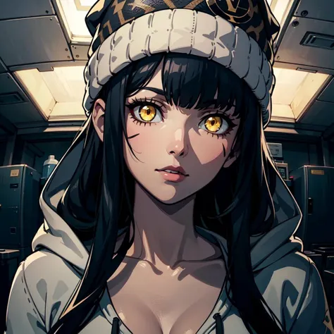 (masterpiece, best quality:1.2), (detailed skin, skin texture), best quality, highres, cinematic, cinematic lighting, sharp focus, highly detailed, 
1girl, breasts, blunt bangs,black hair,very long hair, yellow eyes, (glowing eyes:1.17), hoodie, beanie, louis vuitton \(brand\),