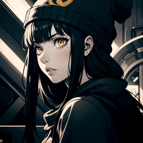 (masterpiece, best quality:1.2), (detailed skin, skin texture), best quality, highres, cinematic, cinematic lighting, sharp focus, highly detailed, monochrome, 
1girl, breasts, blunt bangs,black hair,very long hair, yellow eyes, blood, hoodie, beanie, louis vuitton \(brand\), from side, (black theme:1.5), serious,