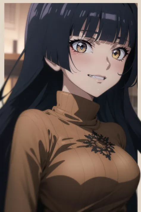 (masterpiece, best quality:1.2), (detailed skin, skin texture), best quality, (intricate detail:1.2), highres, cinematic, sharp focus, cinematic lighting, black outline, (anime:1.7), landscape, 64mm, wide shot, 
1girl, perfect face, perfect eyes, medium breasts, very long ponytail, blunt bangs, multiple views, looking away, on back, evil grin, 
very long black hair,blunt bangs,ahoge,yellow eyes, breasts, jewelry, turtleneck sweater,