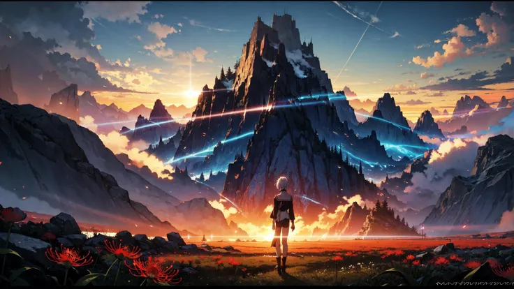 (masterpiece, best quality:1.2), (detailed skin, skin texture), best quality, (intricate detail:1.2), highres, cinematic, sharp focus, cinematic lighting, landscape, 64mm, wide shot, lens flare, original, 
(beautiful anime scenery:1.4), fantasy, mountainous horizon, flowery field, spider lily,