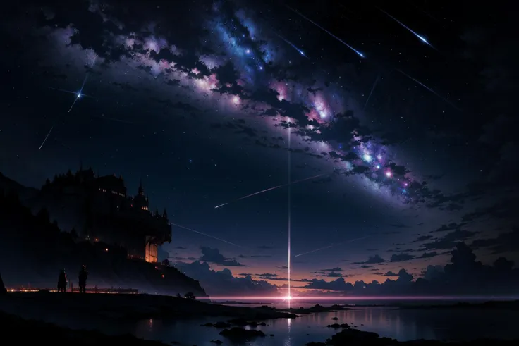 (masterpiece, best quality:1.2), (detailed skin, skin texture), best quality, (intricate detail:1.2), highres, cinematic, sharp focus, cinematic lighting, landscape, 64mm, wide shot, lens flare, original, 
(beautiful anime scenery:1.4), night, starry sky, dark, cosmos, nebula, shooting star, fantasy,