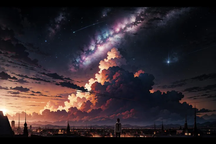 (masterpiece, best quality:1.2), (detailed skin, skin texture), best quality, (intricate detail:1.2), highres, cinematic, sharp focus, cinematic lighting, landscape, 64mm, wide shot, lens flare, original,
(beautiful anime scenery:1.4), night, starry sky, dark, cosmos, nebula, fantasy,