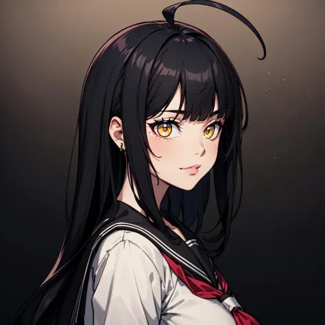 (masterpiece, best quality:1.2), (detailed skin, skin texture), best quality, (intricate detail:1.2), highres, cinematic, sharp focus, cinematic lighting, black outline, 
perfect face, perfect eyes, from side, looking at another, on back, smug
1girl, long black hair,blunt bangs,large ahoge,yellow eyes, breasts, jewelry. sticker, simple background, gradient background, black serafuku,