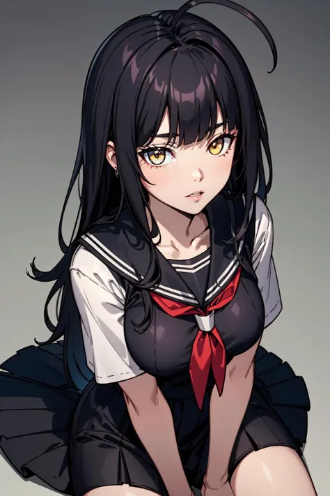 (masterpiece, best quality:1.2), (detailed skin, skin texture), best quality, (intricate detail:1.2), highres, cinematic, sharp focus, cinematic lighting, black outline, 
perfect face, perfect eyes, from above, looking at viewer, sitting, parted lips
1girl, long black hair,blunt bangs,large ahoge,yellow eyes, breasts, jewelry. sticker, simple background, gradient background, black serafuku,