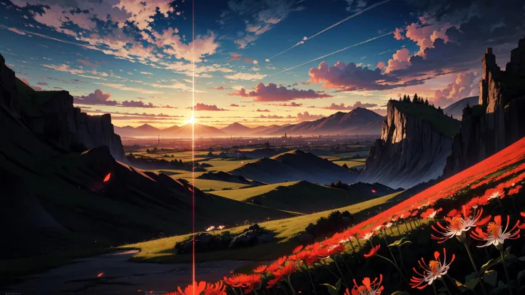 (masterpiece, best quality:1.2), (detailed skin, skin texture), best quality, (intricate detail:1.2), highres, cinematic, sharp focus, cinematic lighting, landscape, 64mm, wide shot, lens flare, original, 
(beautiful anime scenery:1.4), fantasy, mountainous horizon, flowery field, spider lily,