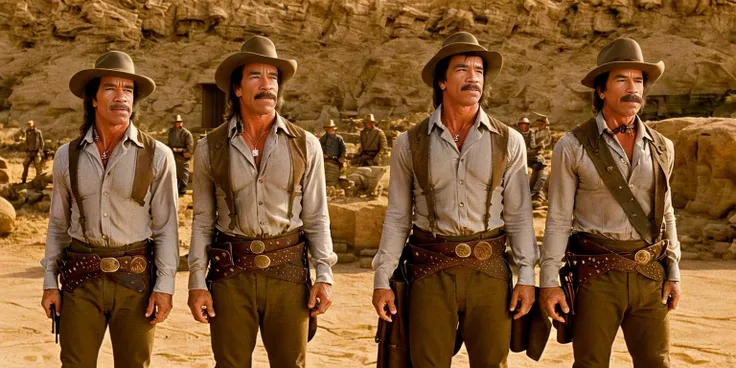 35mmstyle, western movie still,  mylvestre standing in the desert,cinematic lighting, sharp focus,film grain,moustache