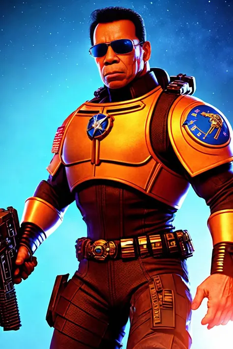 35mmstyle, action science fiction movie still, badass space marine colonel mylvestre standing on a platform, cool sunglasses, big laser gun, space station background, film grain,cinematic lighting,