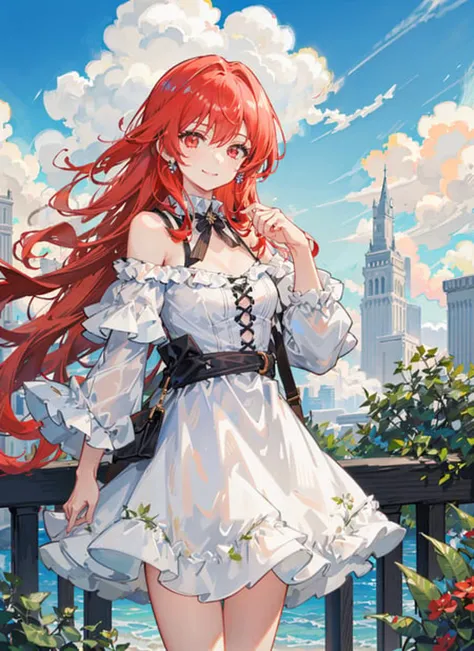 building, 1girl, red_hair, long_hair, outdoors, solo, off_shoulder, dress, plant, day, standing, flower, smile, blue_sky, ruins, city, looking_at_viewer, cloud, open_clothes, bare_shoulders, sky, skyscraper, white_dress, castle, bangs,cowboy shot,