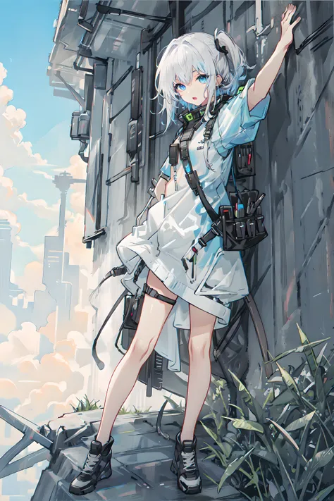(masterpiece:1.2), 1 girl, solo, white hair, white eyes brown, blue eyes, sky blue color eyes, anime eyes, standing position lean to the wall,