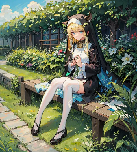 masterpiece,1girl,solo,incredibly absurdres,veil,nun,cow horns, long hair,white legwear,garden,grass,sitting,animal collar,
