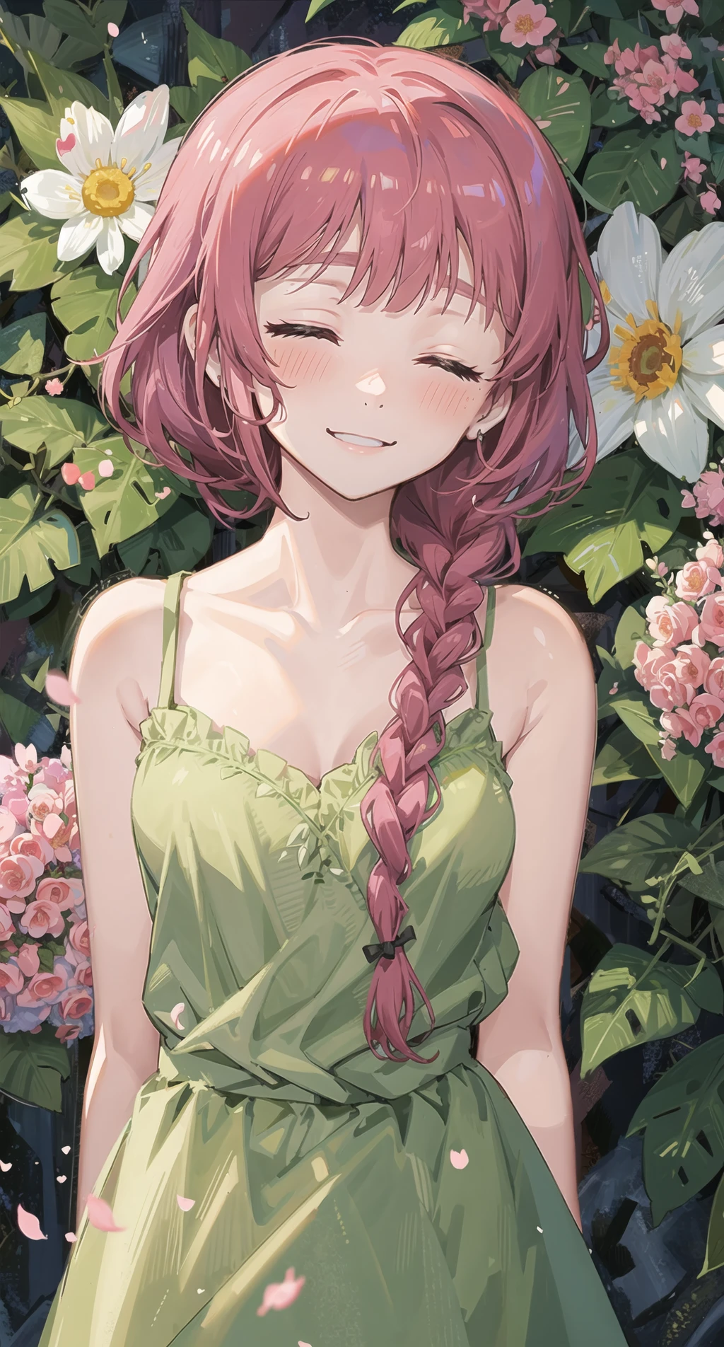 masterpiece, best quality, ultra-detailed, illustration, <lora:KikuriHiroi:1>, dark pink hair, closed eyes, braided ponytail, long green dress, bare shoulders, bare arms, bangs, blushing, standing, looking at viewer, close up, upper body,dramatic shadows, flowers, many flowers, smiling, flower vines, cherry blossoms, dramatic shadows, flower crown, arms behind back, pink flowers, purple flowers, flower field,