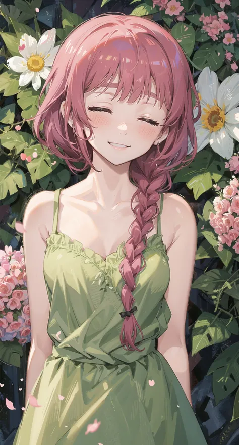 masterpiece, best quality, ultra-detailed, illustration, <lora:KikuriHiroi:1>,  dark pink hair, closed eyes, braided ponytail, long green dress,  bare shoulders, bare arms,  bangs, blushing, standing, looking at viewer, close up, upper body,dramatic shadows, flowers, many flowers, smiling, flower vines, cherry blossoms, dramatic shadows, flower crown, arms behind back, pink flowers, purple flowers, flower field,