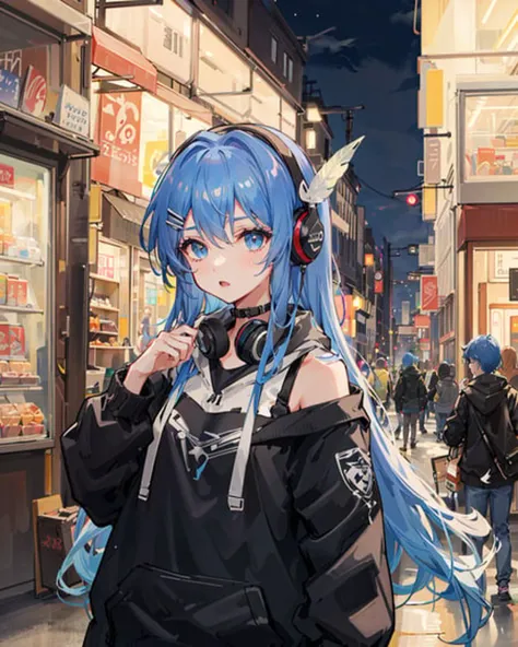 1girl,hoodie,blue hair, very long hair, off shoulder, feather hair ornament, headphones around neck, city,night,outdoors