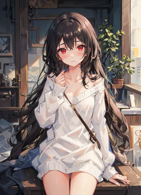 1girl, breasts, building, red_eyes, long_hair, long_hair, solo, blush, looking_at_viewer, collarbone, naked sweater,