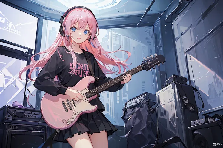 ((masterpiece,best quality))1girl, solo, black skirt, blue eyes, electric guitar, guitar, headphones, holding, holding plectrum, instrument, long hair, , music, one side up, pink hair, playing guiter, pleated skirt, black shirt, indoors,(sofa:0.6),<lora:sunAndShadow_v10:0.4>