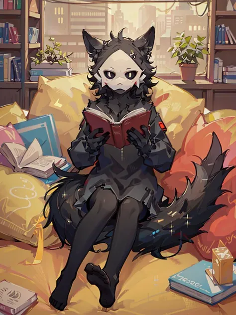 beautiful, masterpiece, best quality, perfect lighting, highres, absurdres, detailed background, best illumination, <lyco:puro-v1-locon:1>, anthro, ((furry)), ((puro)), male, solo, 1boy, black fur, black body, colored sclera, black sclera, white eyes, white mask, wolf tail, wolf ears, detailed background, sitting, night time, ((reading a book, book in hands))