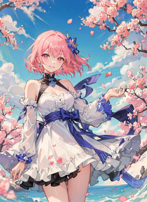 cherry_blossoms, falling_petals, petals, branch, pink_flower, 1girl, blue_sky, spring_\(season\), petals_on_liquid, flower, hanami, dress, pink_hair, solo, day, sky, short_hair, outdoors, cloud, bangs, smile, pink_eyes, white_dress, bare_shoulders, earrings, breasts, holding_flower, wind, tree, looking_at_viewer,cowboy shot,