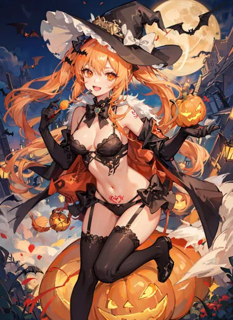 bat, candy, halloween, halloween_bucket, halloween_costume, happy_halloween, jack-o'-lantern, pumpkin, pumpkin_hair_ornament, pumpkin_hat, tattoo, trick_or_treat, witch_hat, body_writing, pubic_tattoo, tombstone, garter_straps,pasties, thighhighs, silk, ghost_costume, lollipop, spider_web, 1girl, vampire_costume, bat_hair_ornament, basketball, food-themed_hair_ornament, graveyard, long_hair, orange_ribbon, heart_tattoo, holding_vegetable, broom, swirl_lollipop, candy_cane, orange_choker, bat_wings, basket, breasts, solo, candle, food, orange_bow, open_mouth, bat_print, castle, orange_panties, black_legwear,vegetable, bow, shoulder_tattoo, orange_nails, gloves, twintails, spider_web_print, blonde_hair, very_long_hair, lantern, grave, charmander, orange_legwear, navel, bare_tree, smile, orange_bowtie, elbow_gloves, cookie, full_moon, cape, mini_witch_hat, bridal_gauntlets