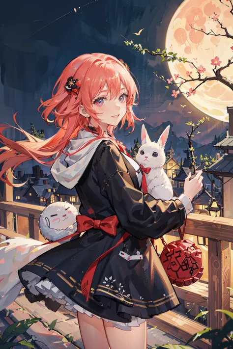 ((best quality, masterpiece, absurdres, super-resolution)), ((Mooncake )), Traditional Tea, beautiful scenery, ((On full moon)), milky way, fluffy white bunnies on the moon, holding lanterns, looking away from viewer, Happy expression