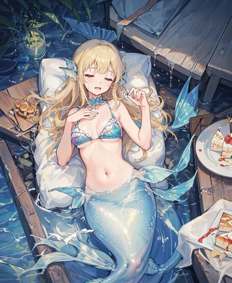 masterpiece,1girl,blonde hair, long hair,(mermaid:1.2),navel,o-ring bikini, head fins, cleavage, food,plate,cake,on_back, <lora:GirlFeastV1:0.5>,closed eyes, blood on face, wet,blood,hand on own chest, closed mouth,