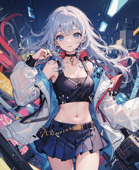 1girl, breasts, off_shoulder, jacket, long_hair, cleavage, bare_shoulders, looking_at_viewer, open_jacket, medium_breasts, crop_top, nail_polish, solo, sleeveless_shirt, open_clothes, choker, thighs, puffy_sleeves, black_jacket, long_sleeves, blue_eyes, skirt, cityscape, puffy_long_sleeves, midriff, cowboy_shot