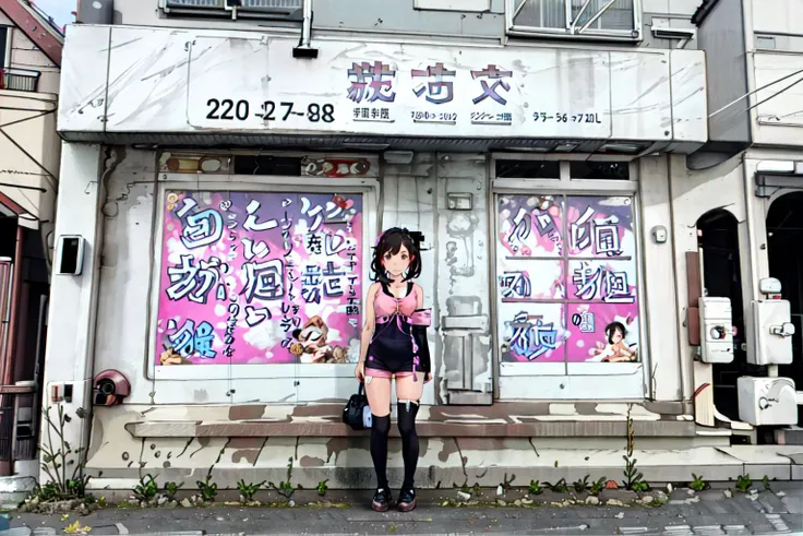 chinise esthetic exterior,outdoors,1girl,standing,looking at viewer,arms behind back, pink poster<lora:chies:1>