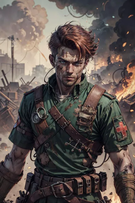 (best quality, masterpiece:1.2), 8k detailed cgi render, thick outlines, strong shadows, <lora:add_detail:0.75>,
(1man, muscular adult male:1.2), purple eyes, copper hair, clean-shaven,
portrait, solo, upper body, looking at viewer, detailed background, detailed face, (<lora:RetroFuturismAI:0.5>, RetroFuturismAI, retro-futurism theme:1.1), battlefield-medic, determined, tattered military medic uniform, gloves, belt, red cross, military insignia, medical supplies, morphine, triage, blood , war torn battlefield with flames, <lora:Fire_VFX:0.6> in background, floating particles, ashes, dim sunlight, chaos, cinematic atmosphere,