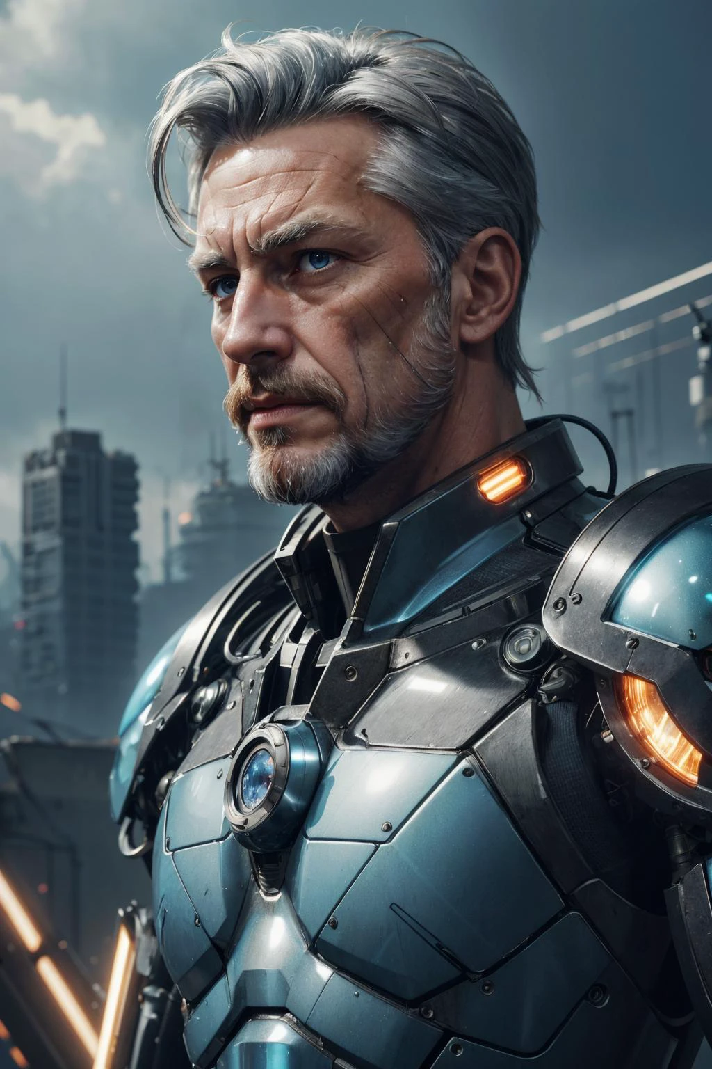 (masterpiece:1.1), (highest quality:1.1), HDR, extreme quality, cg, (negative space), detailed face+eyes, (bright colors), complimentary colors, limited palette, fine art,
(1man, old welsh male:1.2), wise, blue eyes, gray hair, layer cut,
portrait, solo, half shot, looking up, detailed background, detailed face, (<lora:RetroFuturismAI:0.6>, RetroFuturismAI, retro-futurism theme:1.1), glass-cyborg, (made of glass:1.1), translucent, fighter, gemstone armor, dirty glass, mechanical, power source, magical patterns, surging power, crackling electricity, wind, battlefield in background, epic atmosphere,