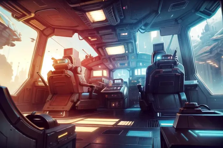 masterpiece, high quality, best quality, hyper detailed, HDR, (realism:1.1), photorealism, volumetric lighting, contrast, depth of field,  sharp focus, absurdres, unreal engine

 <lora:Style Retrofuturismai retrofuturismai v10:0.9> RetroFuturismAI inside of spaceship cockpit