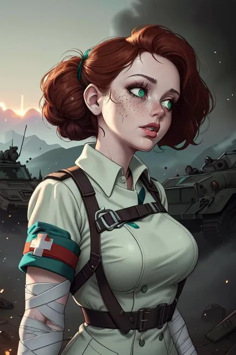 best quality,masterpiece,1 girl, adult (elven:0.7) woman, freckles, teal eyes, ginger half-up half-down hairstyle, ombre,   solo, from front, front view, upper body, looking away, detailed background, detailed face, (<lora:RetroFuturismAI:0.5>, RetroFuturismAI, retro-futurism theme:1.1), battlefield-medic,  determined, white tattered military medic uniform,    straps, green cross, military insignia, first aid kit, bandages, toruniquet, morphine, wound dressing, dirt smudges,  dynamic movement,  battlefield in background, floating particles, dust, gunfire,  dawn, emergency, epic atmosphere,,