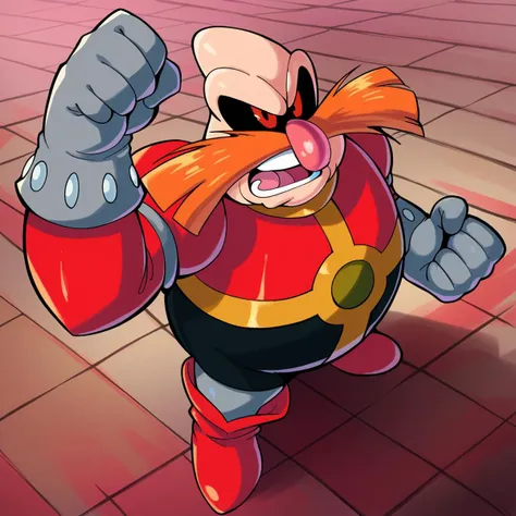 zPDXL, score_9_up, score_8_up, score_7_up, best quality, soft shading:1.4, masterpiece, source_anime, red background, tiled floor, (from above, raised fist, looking up:1.3) BREAK 1boy, solo, dr_robotnik_(\aosth\), bald, red eyes, orange mustache, pink nose, fat, red shirt, black pants, red boots, grey socks, grey gloves, standing, angry, open mouth, teeth,  <lora:PDXL_Robotnik_AOSTH:1>