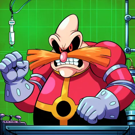 zPDXL, score_9_up, score_8_up, score_7_up, best quality, soft shading:1.3, masterpiece, source_anime, green background, (detailed background, lab, laboratory, computers, machines:1.5), BREAK 1boy, solo, dr_robotnik_(\aosth\), bald, red eyes, orange mustache, pink nose, fat, red shirt, black pants, grey gloves, raised fist, angry, teeth, portrait, looking at viewer,  <lora:PDXL_Robotnik_AOSTH:1>