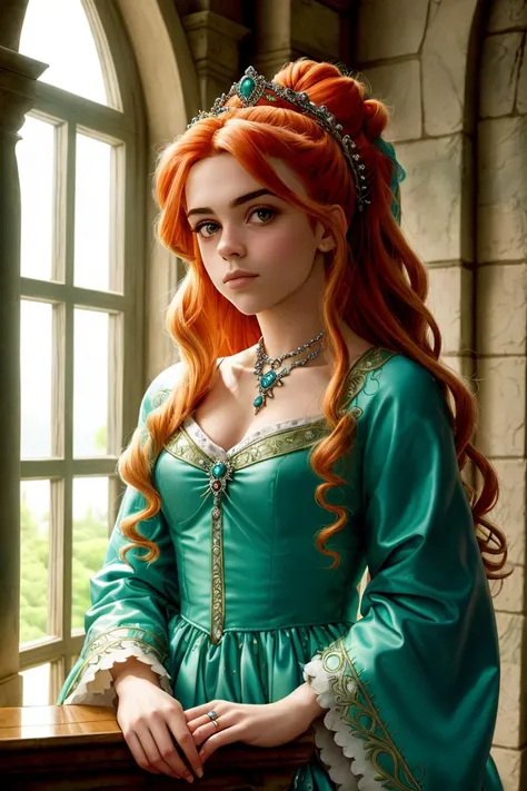 (FollyNobodySD15:1) medieval portrait fantasy (ginger:1.1) princess glorious elaborate royal emerald robes tiara gems luxurious stone castle Game of Thrones Hogwarts bright morning light from window (masterpiece) (best quality) (detailed) (8k) (HDR) (wallpaper) (cinematic lighting) (sharp focus) (intricate) (Style-Renaissance:0.8) (Style-Sylvamagic:0.9) <lora:epiNoiseoffset_v2:1>