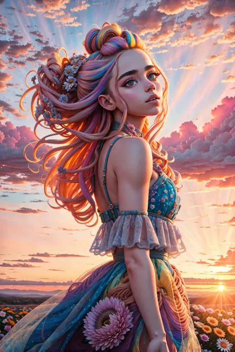 (FollyNobodySD15:0.8) beautiful girl standing in a field (flowers:1.1) for hair scattering in the wind from below beautiful cloudy sky (colorful) (psychedelic ethereal sunset:1.2) dramatic light (masterpiece:1.5) (painting:1.1) (weighted lines) (best quality) (detailed) (intricate) (8k) (HDR) (wallpaper) (cinematic lighting) (sharp focus) (style-paintmagic:1.2) (lowangleview-3000:0.5)