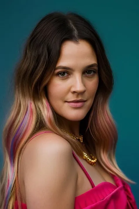 <lora:dr3wb4rry:1>, Realistic photo of a beautiful dr3wb4rry woman, 1girl, solo, long hair, looking at viewer, blonde hair, brown eyes, jewelry, pink hair, multicolored hair, lips, blue background, ring, head rest, realistic, soft lighting, professional Photography, Photorealistic, detailed, RAW, analog, sharp focus, 8k, HD, DSLR, high quality, Fujifilm XT3, film grain, award winning, masterpiece