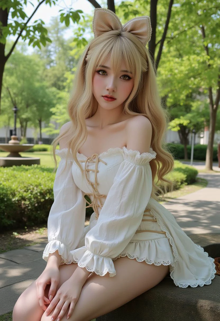 Ultra high quality, photo, masterpiece, ultra high resolution, realistic, photorealistic, petite body,perky boobs, slender, slender_waist, tightly cropped composition, detailed and intricate environment, kise_yayoi, precure, DSLR photo of a beautiful young girl, blonde_hair, yellow_eyes, perfect face, detailed hair, eye-contact, light smile, portrait, face focus, Intricate detailed themed clothes, park, day, professional lighting, sitting