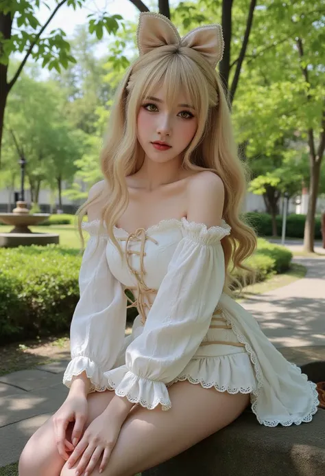 Ultra high quality, photo, masterpiece, ultra high resolution, realistic, photorealistic, petite body,perky boobs, slender, slender_waist, tightly cropped composition, detailed and intricate environment, kise_yayoi, precure, DSLR photo of a beautiful young girl, blonde_hair, yellow_eyes, perfect face, detailed hair, eye-contact, light smile, portrait, face focus, Intricate detailed themed clothes, park, day, professional lighting, sitting