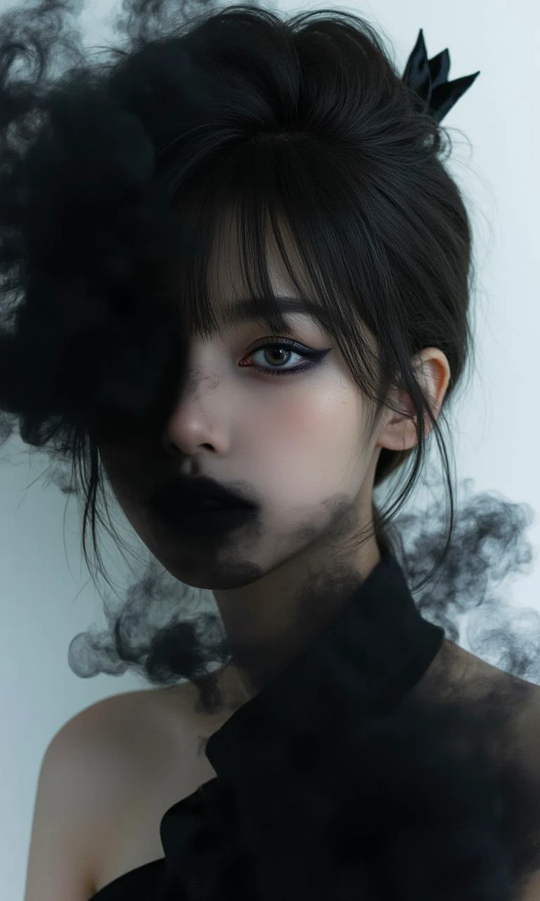 This is a real high-definition photo,
fashion portrait,close-up portrait,a Chinese girl **** of black smoke,dynamic vision,bailing_darkness,black smoke,(1girl),Vaguely a girl **** of smoke., white background,<lora:ç½å¾-MYH-2:0.9>