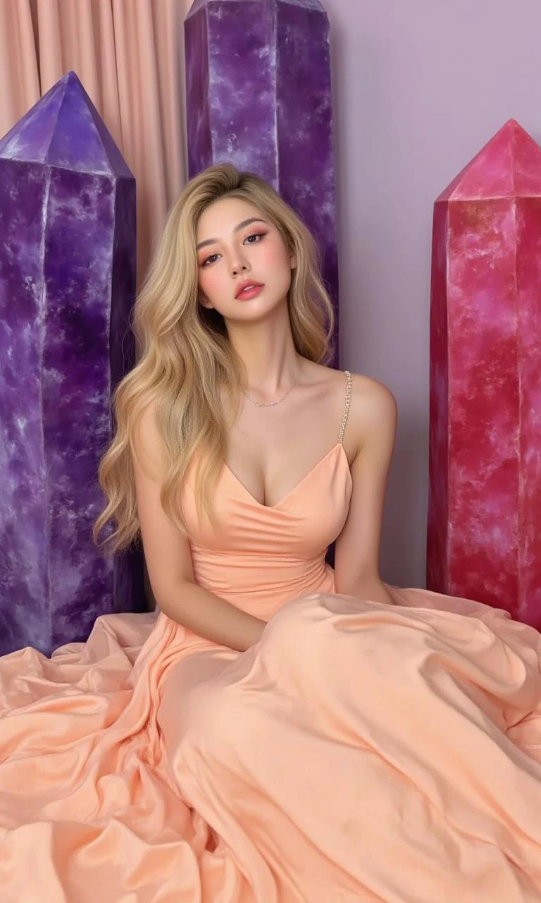 "The image features a young woman elegantly dressed in a peach-colored dress, surrounded by large, vividly colored crystals which vary in shades of purple and pink. She is seen sitting with a serene expression, her eyes gently closed, suggesting a moment of peaceful contemplation or reverie. Her long, flowing blonde hair and the soft, ruffled texture of her dress add a touch of grace and tenderness to the scene. The juxtaposition of the soft fabric against the sharp, natural geometry of the crystals creates a compelling contrast, emphasizing themes of beauty and tranquility amidst a fantastical setting. The overall ambiance is dreamlike and ethereal, with a predominant color palette of soft peach and various shades of purple and pink." <lora:ç½å¾-MYH-2:0.9>