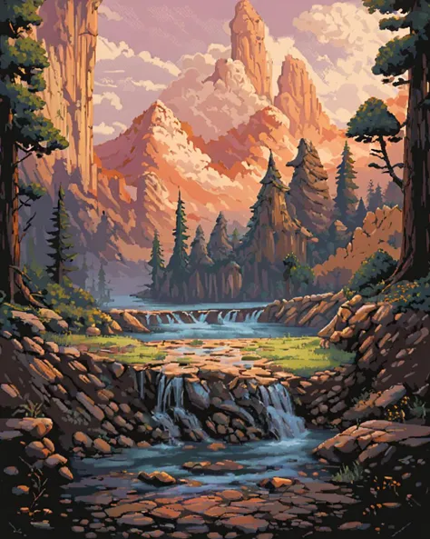 concept art, landscape of a (San Marino:1.1) and Redwood tree, Heavenly and Alien, desolate water, Fall, Paint splotches, <lora:16-bit_pixel_style:1> apxlz