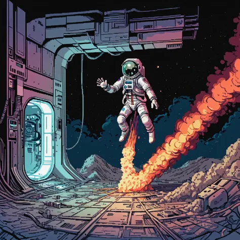 skeletal astronaut, space station, scifi, medical room, emergency lighting, hull breach, sparks, debris, damage, hoses, wires, padding, ((pulp_comic, heavy_lines, hand_drawn, hand_inked, hand_colored, apxlz))