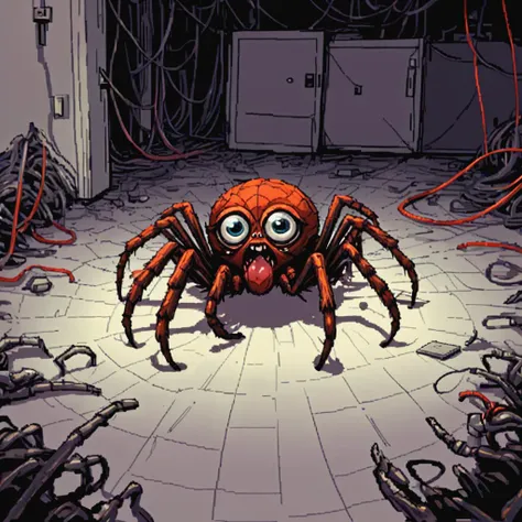 ((cute little monster, fur, spider legs, big eyes,)), space station, scifi, mess hall, emergency lighting, debris, damage, hoses, wires, padding, ((pulp_comic, heavy_lines, hand_drawn, hand_inked, hand_colored, apxlz))